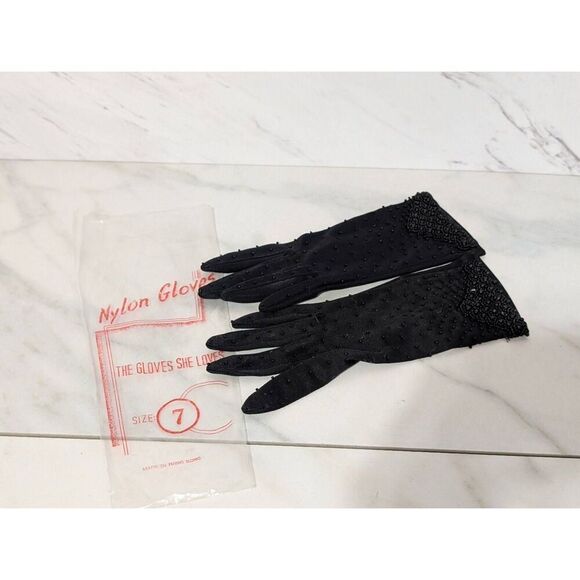 Unbranded  Women's Black Made in Hong Kong Nylon Beaded Gloves Size7 - Picture 1 of 6
